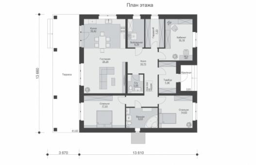 Одноэтажный дом с кухней-гостиной, террасой, двумя спальнями и кабинетом